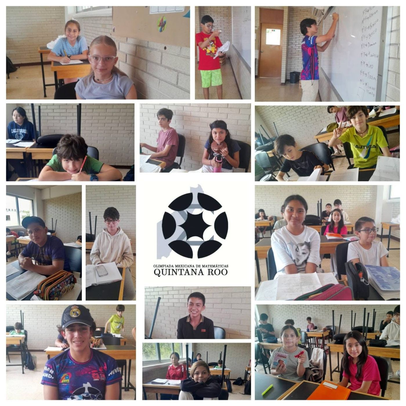 Collage con estudiantes resolviendo ejercicios en aula de matemáticas